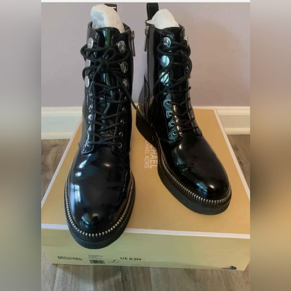Michael Kors Haskell Black Patent Leather Combat Boot
